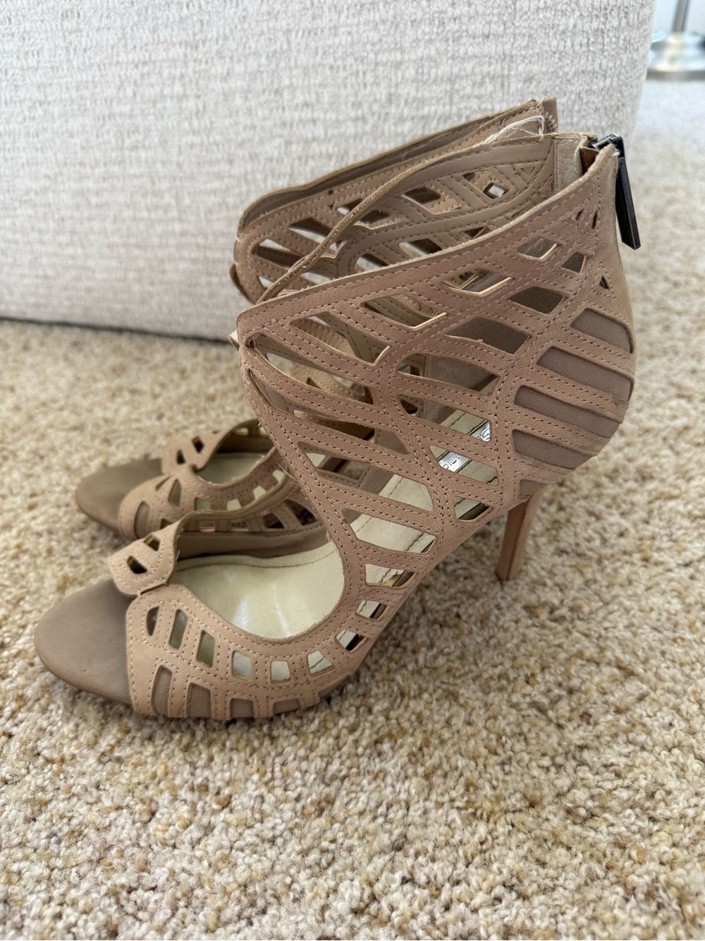 BCBGeneration Taupe Cutout Stiletto Sandals